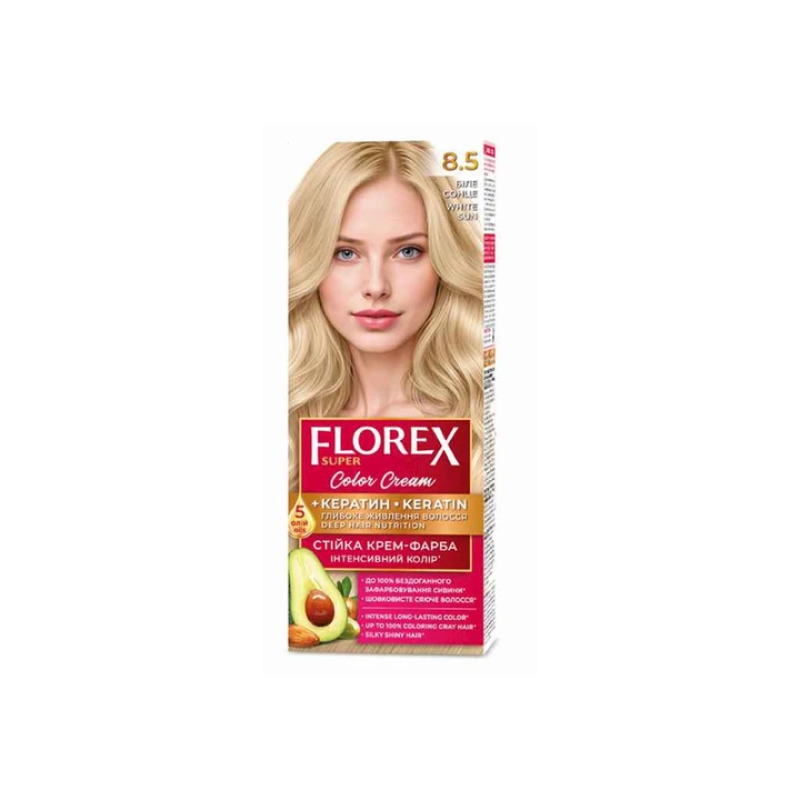 Стойкая крем-краска для волос Florex Super КЕРАТИН 8.5 Белое солнце