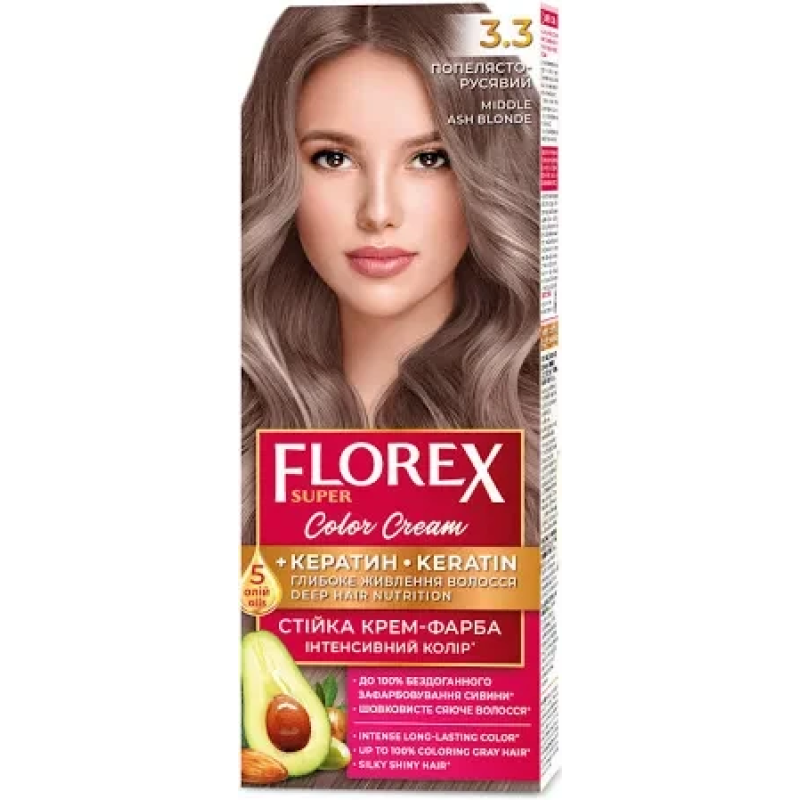 Стойкая крем-краска для волос Florex Super КЕРАТИН  3.3 Пепельно-русый