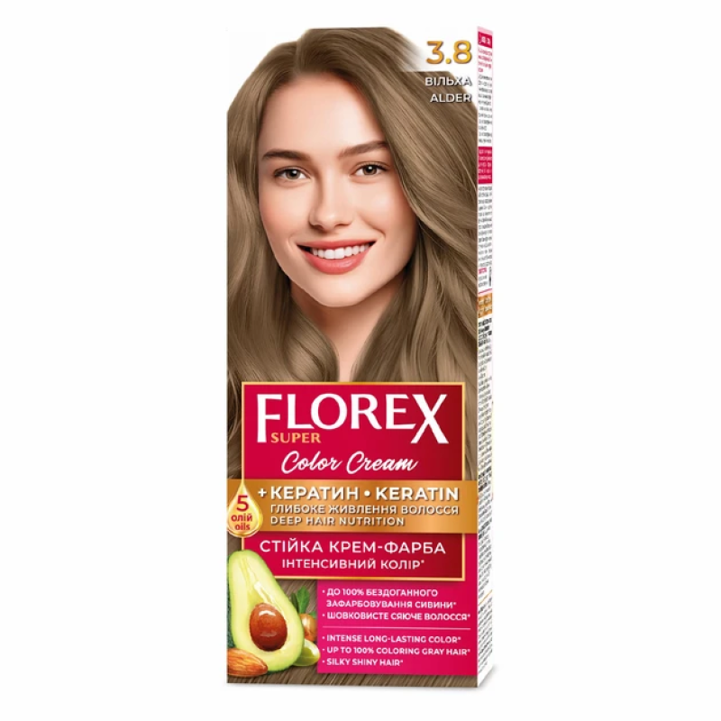 Стойкая крем-краска для волос Florex Super КЕРАТИН 3.8 Ольха