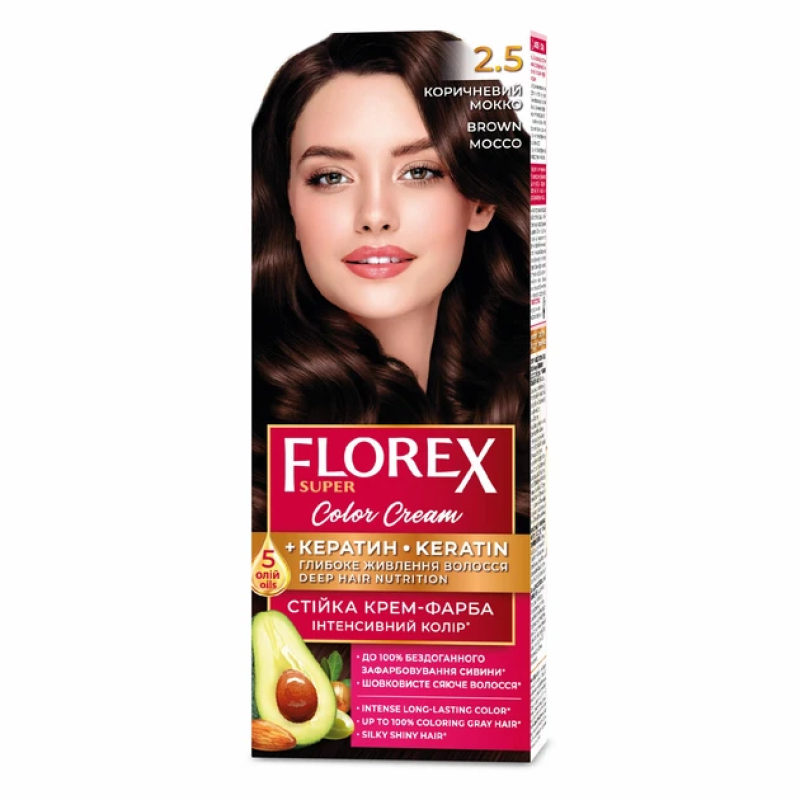 Стойкая крем-краска для волос Florex Super КЕРАТИН  2.5 Коричневый мокко